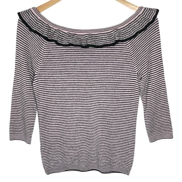 REBECCA TAYLOR Women’s 100% Merino Wool Ruffle Pink Striped Sweater - Picture 6 of 6